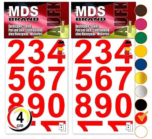 MDS Brand Design 4cm Zahlen Aufkleber | Selbstklebende Klebezahlen | Vinyl Hausnummern zum Aufkleben für Briefkasten, Mülltonnen Aufkleber, Buro Aufkleber, Zahlen für Außen & Innen Peel (Rot)
