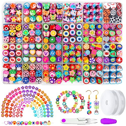 DTYDECLE 480 Stück Polymer Clay Perlen, 24 Muster Obst Blumen Clay Perlen süße Herz Weiche Topfperlen für die Herstellung von Schmuck Armbänder Halskette Ohrringen DIY Handwerk