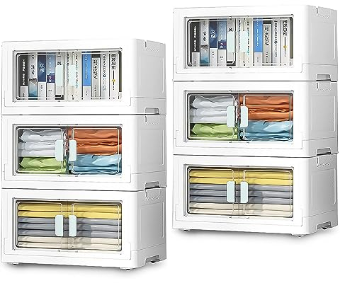 BTGGG 6 Pack Stackable Storage Boxes Large 50L*6 Foldable Collapsible Clear Storage Boxes Wardrobe Organizer, Front Door Opening for Easy Access, Movable Stacking Storage Box for Toys Clothes