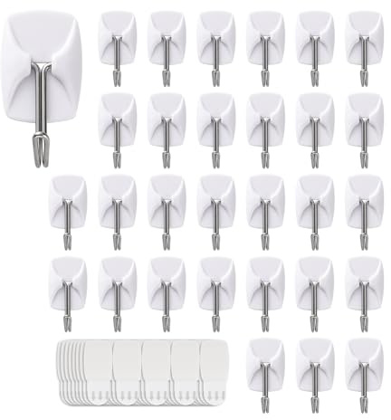 JELLYSUB 32 Wire Hooks Value Pack, White, Small, Damage-Free Utility Hooks | 32 Hooks+40 Strips, Wall Mount Hanging Hooks with Adhesive Strip, No Tools, No Nails, Damage-Free Organization, Clean Removal