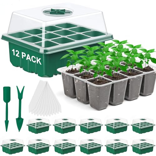DJGINRO 12Packs Seed Starter Tray Seed Starter Kit (144 Cells Total Tray), with Humidity Adjustable Dome, for Seeds Growing Starting Plant Germination Trays, Mini Green House Germination Trays.