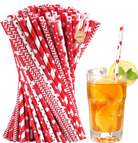 [140er-Pack] Paktalk Rot Weiße Papierstrohhalme, 7 verschiedene rote und weiße Punkte, Wellen, Streifen, Sterne, trinkhalm für Karneval, Valentinstag, Hochzeit, Urlaub, Party
