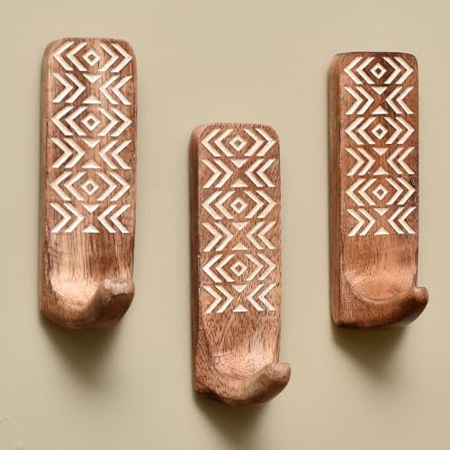 Indian Shelf 3 ganci, 6 strisce di legno adesivo da parete, ganci decorativi da parete per chiave bohémien, ganci da parete in legno, ganci per asciugamani in legno per bagno