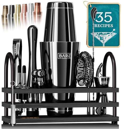 BARE BARREL® 14-Piece Jet Black/Black Cocktail Making Kit | Bartender Kit Cocktail Shaker Set Maker with 800ml Boston Shaker, Bamboo-Metallic Organiser Stand & 35 Recipe Cards