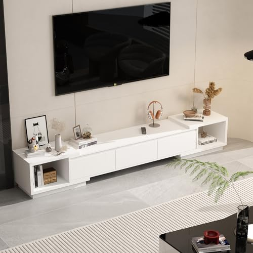 Caldion Verstellbares TV Schrank,160 cm- 270cm Breit Lowboard Weiß für Fernseher,Fernsehtisch mit 3 Schubladen,TV Lowboard,TV Tisch,TV Bank,Wohnzimmer