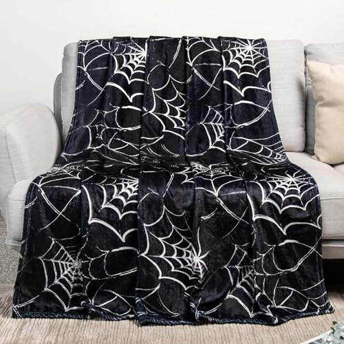 Gotische Spinnennetz-Decke – Halloween-Überwurf für Gothic-Raumdekoration, schwarze Horror-Decke, weiches Flanell für Couch, Bett und Spukhaus (203,2 x 152,4 cm)