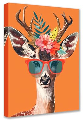 1P Leinwandbild, Motiv: friedlicher Hirsch mit Sonnenbrille, kreative Bilder, lustig, niedlich, Tierblumen, Poster, Drucke, Kunstwerk, Heimdekoration für Wohnzimmer, gerahmt, Galerie, fertig zum