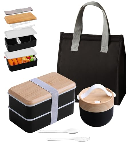 Aiuuee Bento Lunch Box avec Sac Kit, 1400ML Boite Repas avec 7.5L Sac Isotherme Repas et 600ml Mug Soupe et Couverts, Lunchbox Micro Ondable, Boite Bento Travail Adulte(Noir)