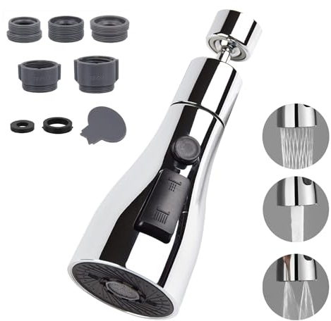 Bokaiya Rubinetto Cucina con Docetta Estaibinile Ricambio, Miscelatore Cucina con 9 Adattatori, 360° Kit Aeratore, Rompigetto a 3 Funzioni per Lavello, Compatibile con Maggior Parte di Rubinetto G1/2