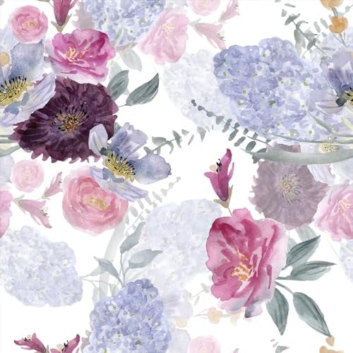 VEELIKE Lilac Peony Floral Wallpaper Vintage Purple Pink Flower Wallpaper Leaf Contact Paper for Walls Cabinets Drawers Watercolor Patterned Wallpaper for Bedroom Girls Room Nursery 44.5cmx300cm