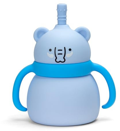 MOJINL Gobelet en silicone pour bébé à partir de 6 mois, anti-fuite, avec paille, couvercle et poignée, sans BPA, passe au lave-vaisselle, bleu clair