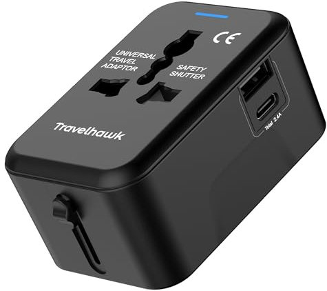 TravelHawk Reiseadapter Weltweit, Steckdosenadapter, 20W Typ G, Typ A USB-C und USB, Reisestecker, Schnellladegerät, Universal Adapter für Deutschland USA Japan England Thailand Italien Australien