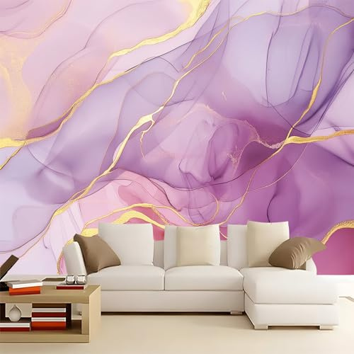 Papier Peint Panoramique Effet Marbre Rose et Violet, Fresque Murale 3D Design Abstrait avec Veines Dorées, Tapisserie Murale Intissé Haute Définition pour Salon, Chambre & Bureau, Facile à Poser