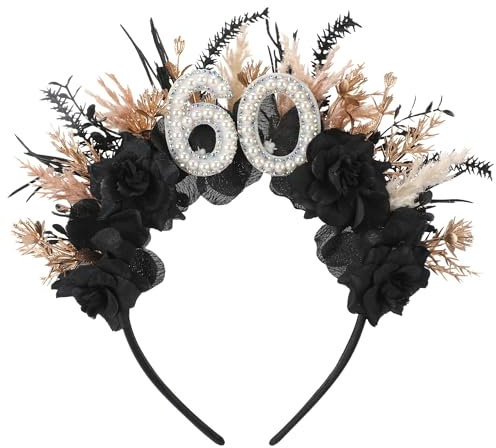 PartyforU Schwarzes Blumen-Geburtstags-Stirnband – Geburtstagskrone Happy Birthday Stirnband für Sie, Geburtstagsgeschenke für Frauen, Party