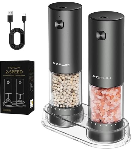 FORLIM 2 Geschwindigkeiten Elektrische Salz und Pfeffermühle Set, Außenrotation zum Einstellen der Grobheit, wiederaufladbare Pfeffermühle aus Aluminiumlegierung mit Sockel (2 Pack, Metallic Gunmetal)