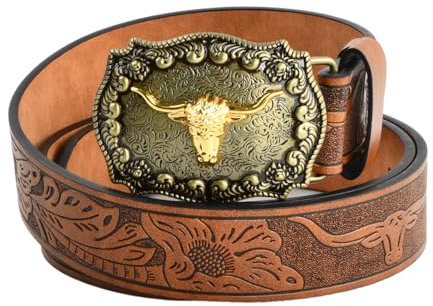 Amexo Western Gürtel Cowboy Gürtel, Vintage Long Horn Bull Rodeo Western Cowboy Gürtel Geprägter Ledergürtel für Männer Frauen Cowboy Cowgirl Leder Herrengürtel Gürtel Herren für Jeans Kleid