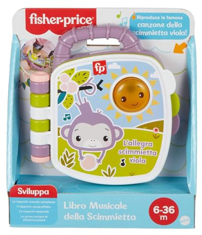 Fisher-Price - Libro de Canciones del Mono púrpura, Libro Musical con Luces y Sonidos para el Aprendizaje, versión Italiana, Juguete para niños, a Partir de 6 Meses, JFN06