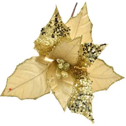 Set di 6 Fiori Natalizi Decorativi in Oro, 30 cm, con Paillettes Scintillanti addobbi e Decorazioni per Albero di Natale con Gambo