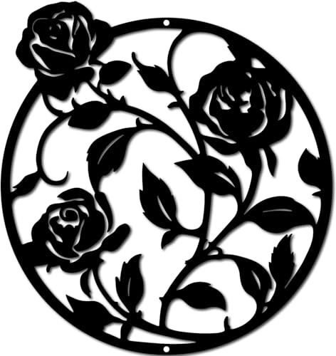 CREATCABIN Rosen Wandkunst Metallblume Wandbehang Kunstwerk Vintage Dekorative Blumensilhouette Wandskulpturen Ornament Für Drinnen Und Draußen Zuhause Büro Garten Wohnzimmer Dekor Schwarz 30x32cm