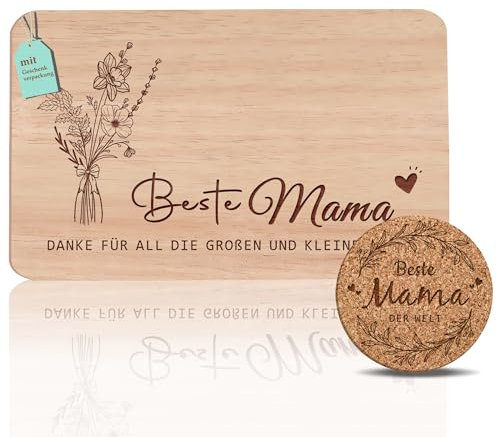 Frühstücksbrettchen Mama Geschenke Set | Brotzeitbrett mit Gravur | Mutter Geschenke Buchenholz | Geschenkidee ideal für Muttertag Geburtstags Weihnachten