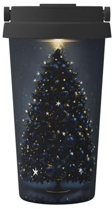 Kingww Christmas Tree and Navy Blue Travel-Friendly Insulated Coffee Mug - Comes with A Retractable Handle, Holding Up to 500ml