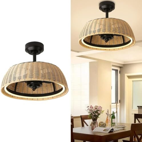 Ventilador de techo de mimbre de montaje empotrado con control remoto de luz, ventilador de techo rústico para dormitorio de granja, comedor, isla de cocina, unidad de ventilador de techo de mimbre