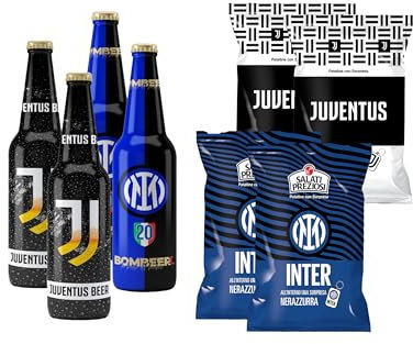 Bombeer PARTITA JUVENTU.S VS INTE.R 4 Bottiglie da 33cl + 4 Patatine da 25gr - 2 Bottiglie e 2 Patatine per Squadra - Birra Originale By Christian Vieri - Puro Malto Bottiglie di Vetro - Made in Italy