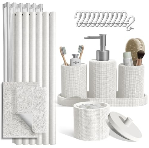 Clara Clark White Bathroom Set - Bathroom Sets with Shower Curtain and Rugs, 21PC Bathroom Accessory Set, Shower Curtain Set with Soap Dispenser & Toothbrush Holder