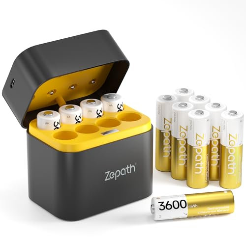 Zepath Rechargeable Lithium Batteries 12-Pack with Charger, 3600mWh High Capacity 1.5V Batteries, Long Lasting Rechargeable Li-ion Battery with Integrated Charing Storage Box
