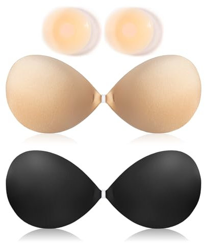 COODAM Soutien-gorge push-up en silicone adhésif invisible réutilisable sans bretelles pour femme, robe de fête de mariage, Beige + noir., B