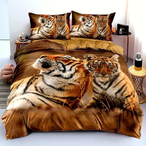 Luowei Tier Bettwäsche 135x200cm 4-Teiliges Set Kinder Jungen Tiger Motiv Braun Mikrofaser Bettbezug Set Weich 3D Effekt Bettwäsche mit Reißverschluss und 2 Kissenbezug 80x80 cm