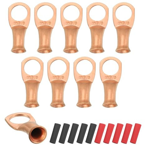 sourcing map 10pcs 8 AWG M10 Battery Lugs Ring Terminals, 3/8 10mm Stud Crimp Wire Terminal Connector End Copper, 3:1 Heat Shrink Tubing, Gold