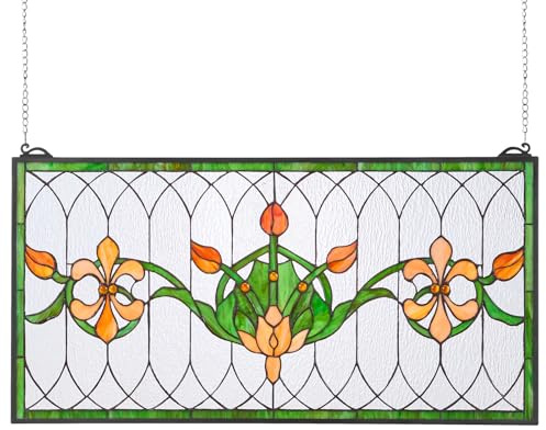 VEVOR Stained Glass Window Panel, 32 x 17 in, Tiffany Style Hanging Transom Window Panel with Chain, Large Horizontal Rectangle Stain Glass, Vintage Traditional Art Handcrafts for Kitchen Home Decor