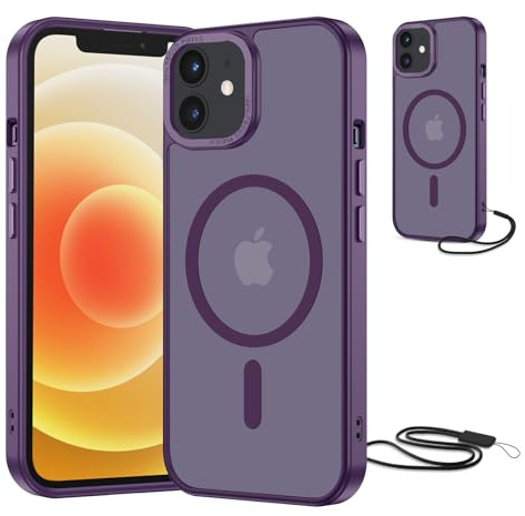 NEW'C Magnetisch Hülle für iPhone 12, 12 Pro (6,1 Zoll) kompatibel mit MagSafe Ultimate, stoßfest-starker Magnetismus und militärischer Schutz-Matte, durchscheinende Hülle mit Umhängeband-Lila