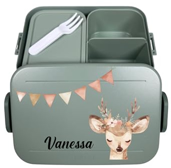Mepal Bento Lunchbox Take a Break personalisiert Boho Reh, Brotdose mit Fächern Einsatz, Lunch Box mit Name, Bento Box Set bunter Aufdruck Kinder Midi Mint