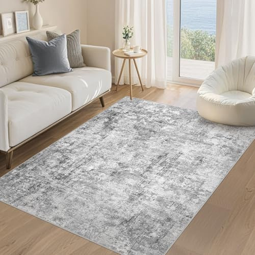 DMOYEST Teppich Wohnzimmer Modern 120x180cm Hellgrau Waschbar | Kurzflor Weich Maschinenwaschbar Rutschfest, Kinder und Haustierfreundlich für Schlafzimmer Esszimmer Büro