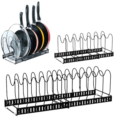 Expandable Pan Organiser Rack for Kitchen Cupboard, 2 Pack Pot Lid Holder with 20 Adjustable Dividers, Metal Pots and Pans Storage Rack, Cookware Organiser for Lids, Trays and Chopping Boards – Black