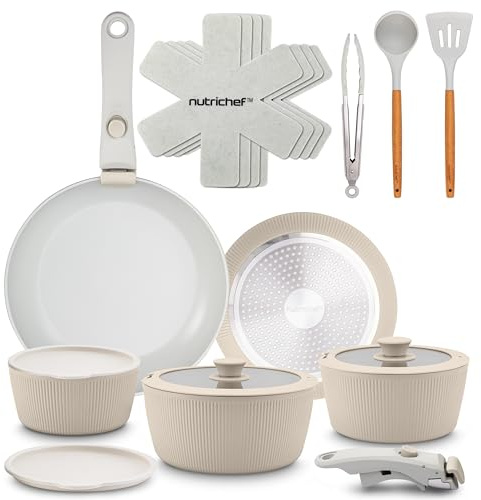 NutriChef Ceramic Pots and Pans Set with Detachable Handles – 18-Piece Stackable Non-Stick Cookware, Oven Safe, PTFE-Free, Space-Saving Cookware for Modern Kitchens, Cream