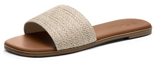 Athlefit Natural Raffia Flat Sandals Woven Open Toe Summer Slides Size 8 | Summer Beach Sandals for Woman, Womens Sandals Dressy, Square Open Toe Design, TPR Outsole, City Walks, Casual Outings
