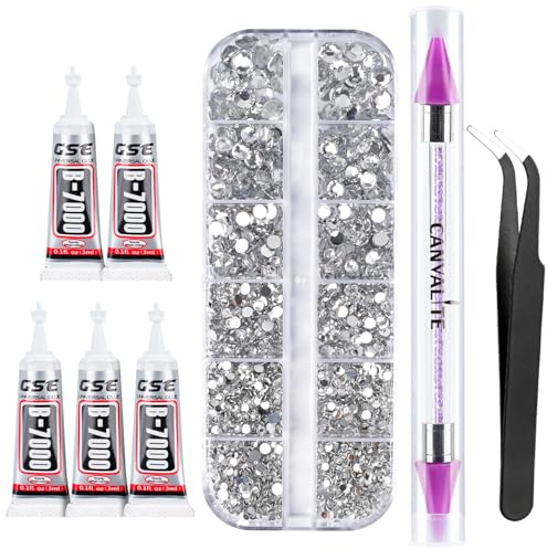 Canvalite Lot de 2 784 strass à dos plat avec colle à bijoux, pince à épiler et stylo à pointiller pour ongles, vêtements, visage, travaux manuels
