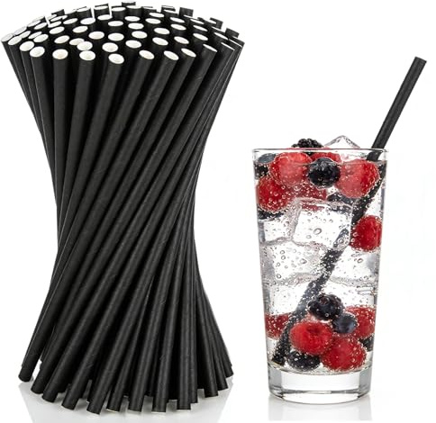 juajua Black Paper Straws, 197 x 6mm Biodegradable Paper Straws,600 Pack | Black Cocktail Straws,Ice Coffee Straws,Paper Straws Bulk for Birthday Parties Weddings Beach Parties