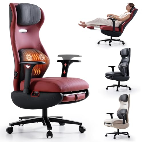 EMIAH Ergonomischer Bürostuhl, Schreibtischstuhl mit Fußstütze aus PU Leder, Verstellbare Armlehnen Compute Stuhl, mit Heizung und Massage, Chefsessel mit Kopfstütze und Lendenwirbelstütze, Rot
