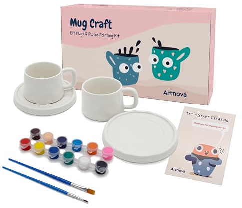 Kit para pintar tazas y platos – Set DIY para 2 personas con 2 tazas, 2 platos, pinturas acrílicas, pinceles y guía, regalo creativo para pareja, amigos o familia, actividad artística y divertida