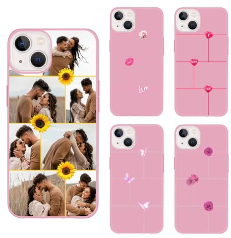 AESTHESTIFY Coque collage photo pour iPhone 14, coque de téléphone en silicone rose – Cadre de fleur personnalisé à 7 photos, image anti-rayures personnalisée, coque en TPU fine et durable