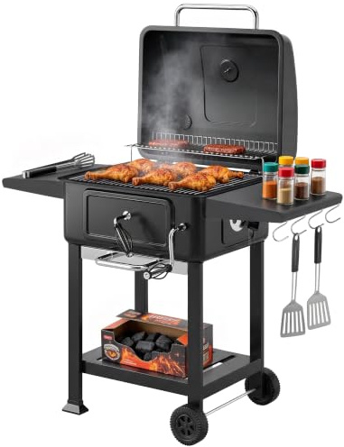 Outsunny Holzkohlegrill BBQ Smoker mit Deckel Thermometer höhenverstellbar | Kohlepfanne, Kamin, Grillrost, Seitentisch, Aschefach, Lüftung, Grillwagen mit Räder, Kohlegrillwagen, für Camping Garten