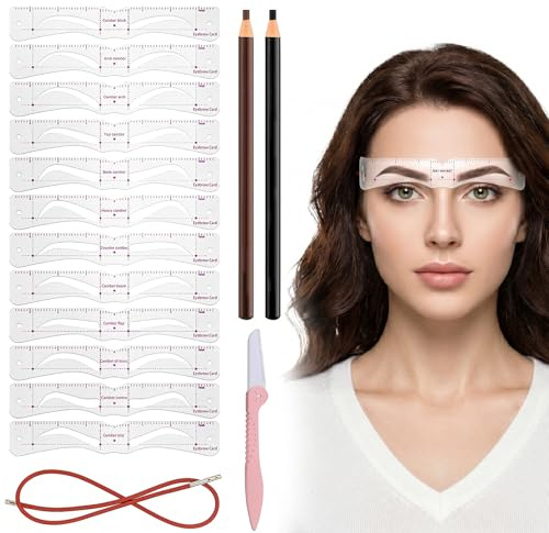 Lot de 12 Pochoirs à Sourcils + Corde de Fixation + Rasoir + 2 Crayons, Gabarits Réutilisables avec Support Rose, Pour Contours Précis et Symétrie, Débutants Confirmées