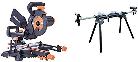 Evolution Power Tools R210SMS+ Multi-Material Sliding Mitre Saw with Plus Pack, 110 V, 210 mm and Mitre Saw Stand with Extensions
