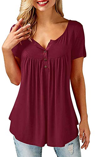 BeLuring Women Casual V Neck Loose Short Sleeve Long Tops Tunic Shirts, C - Short Sleeve, 16-18, A - Claret