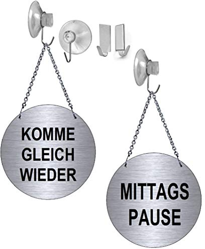 Desi-Schilder Mittagspause-Komme gleich Wieder-Alu.-Edelstahloptik-Wendeschild-Infoschild-Hängeschild-Schild-130 mm Ø-Mit Kettchen (139-15 - mit Klebehaken)