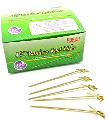 Gmark Bamboo Cocktail Picks 4.5 300 ct - Bamboo Knot Skewers, Looped Knot Twisted Ends Perfect for Cocktail Party, Barbeque, Club Sandwiches - Pack in Box GM1114